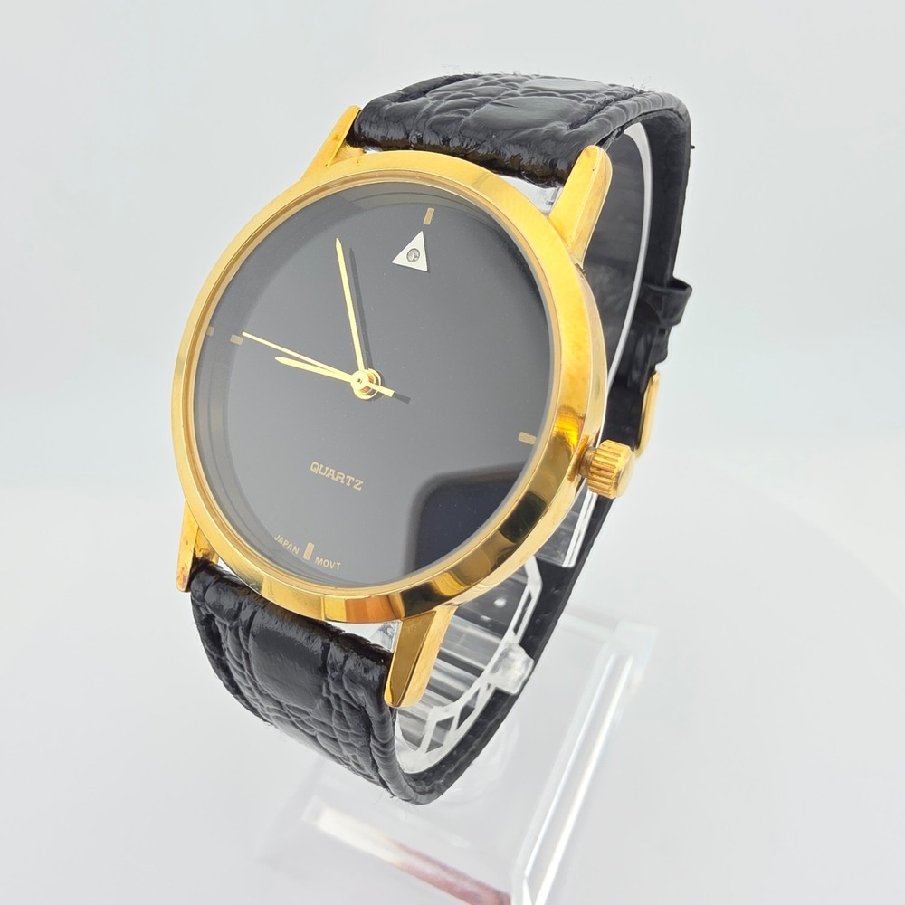 Mens Watch Minimalist Black Dial 12 O'Clock Crystal Black Croc Leather Band 7.5"